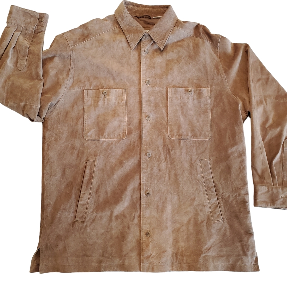 Vintage Perry Ellis Men's Leather Suede Lined Jacket Tan SOFT Shacket EUC Large